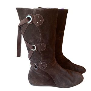 MICHELLE D BROWN GENUINE LEATHER SUEDE  BOOTS with leather lace up tie back!